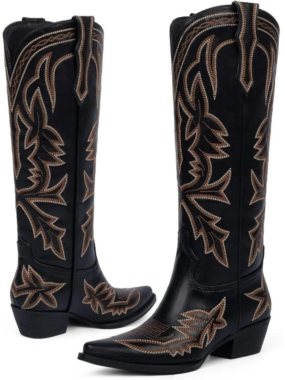 Women's Black Knee High Boots Embroidered Pull on Pointed Toe Chunky Heel
